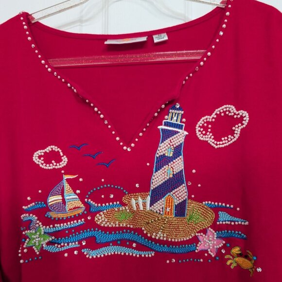 The Quacker Factory Beaded Beach Lighthouse Shirt Womens Size 2X Red Nautical - Picture 3 of 11